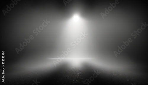  an open door with a light at the end of the room in the middle of the room is a dark and foggy floor with a light at the end of the room. generative ai