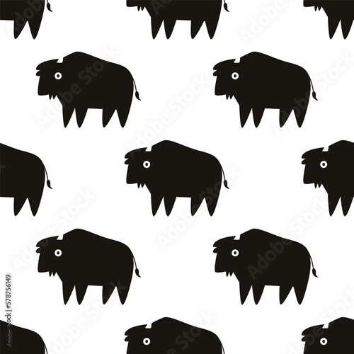 Seamless pattern with monochrome black buffalo.