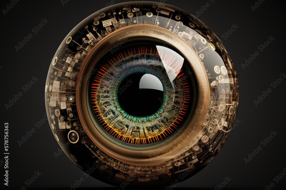 Fashioned artificial eye. This conceptual image illustrates deep learning networks in the context of machine vision and image recognition. Generative AI