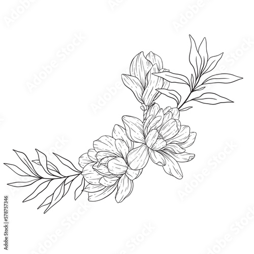 Floral Line Art. Magnolia Flower Outline for Floral Coloring Pages, Minimalist Modern Wedding invitations
