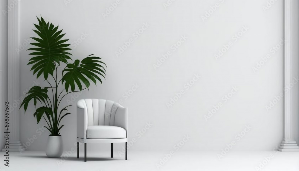 Modern Chair and Amazon Lily Plant on White Wall Background generative ai Modern Chair and Amazon Lily Plant on White Wall Background generative ai