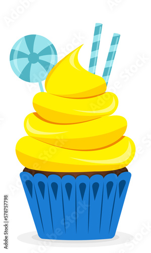 Delicious cupcake with cream and fruits and berries. Vector illustration dessert. Cupcake for cards and invitations.