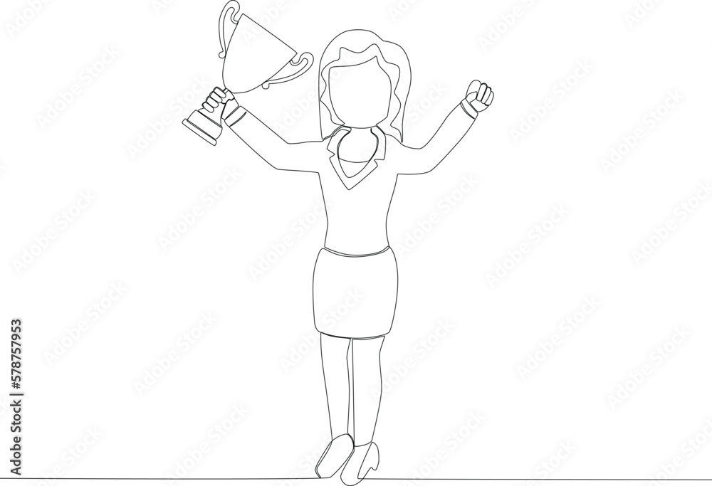 A woman lifts a big trophy. Employee appreciation one line drawing A woman lifts a big trophy. Employee appreciation one line drawing
