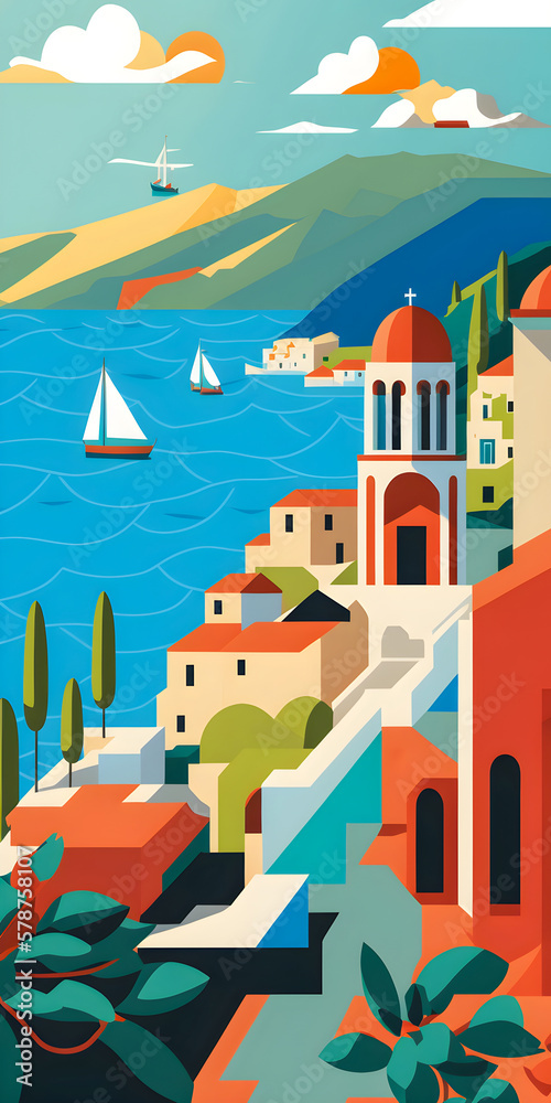 Greece landscape, flat design illustration, traditional, traditional Greek colors, Generative AI