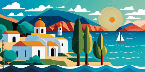 Greece landscape, flat design illustration, traditional, traditional Greek colors, Generative AI