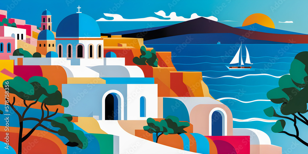 Greece landscape, flat design illustration, traditional, traditional Greek colors, Generative AI