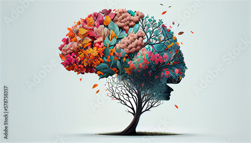 human brain tree with flowers mental concept, Generative AI