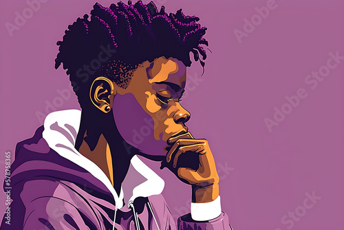 Flat vector illustration Young thoughtful african american teenager holding hands on chin  isolated over purple background. Minority Z teen students choose...  