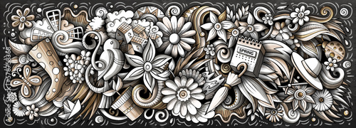Spring hand drawn cartoon doodles illustration. Colorful vector banner