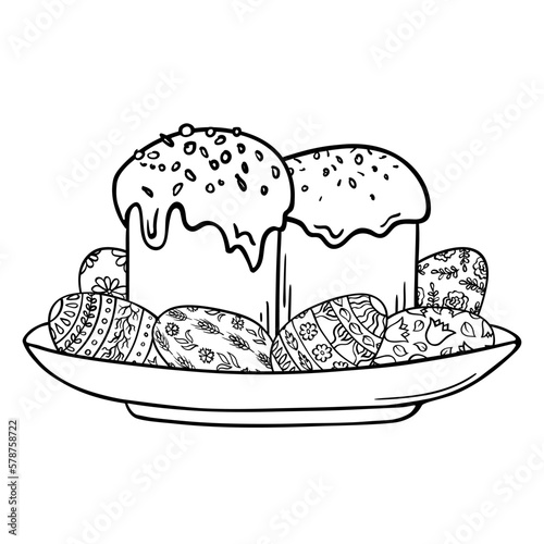 Easter cake and painted eggs on plate isolated on white. Traditional orthodox kulich with icing and decoration, hand drawn outline sketch. Vector element for christian holidays illustration.