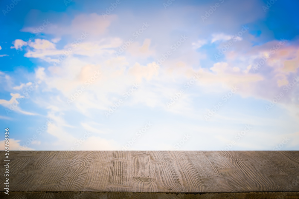 wooden table, blue sky