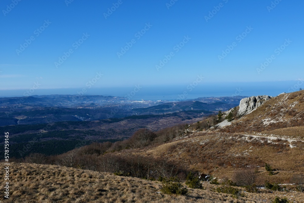 View of Primorska, Slovenia and the town of Koper at the shore of Adriatic sea from Slavnik hill