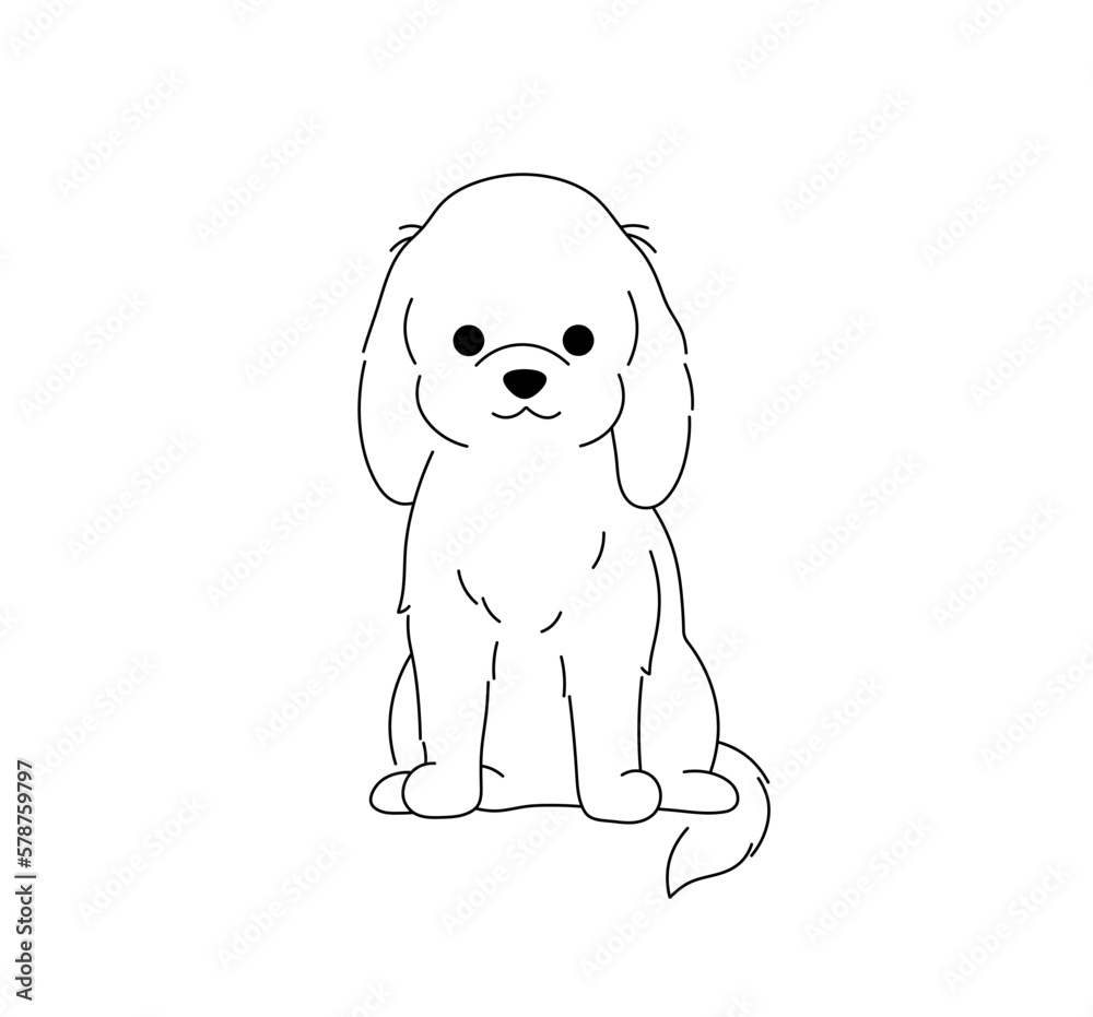 Fototapeta premium Vector isolated one single cute cartoon sitting spaniel puppy dog front view colorless black and white contour line easy drawing