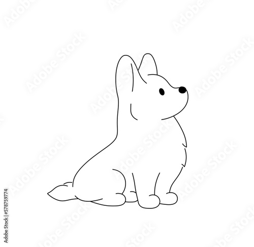 Vector isolated one single cute cartoon sitting welsh corgi puppy dog side view colorless black and white contour line easy drawing