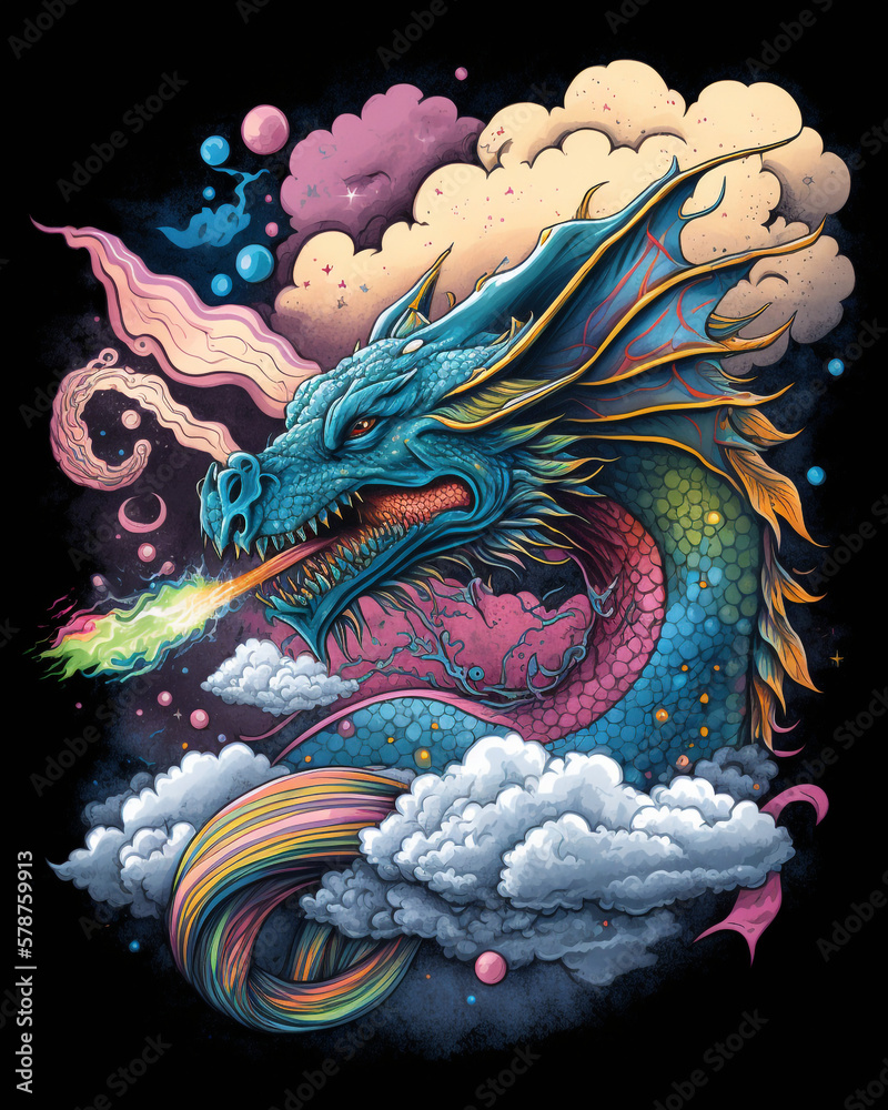 Majestic dragon in the clouds fire blazing out of his mouth on a black background.
Colorfull illustation with amazing details symbol of power and dreams.