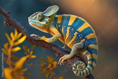 Spiral tailed chameleon perched on a branch. Yellow and blue. Generative AI