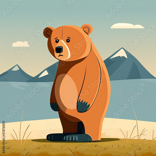 Sad brown large bear standing. Cute character for a tale. Generative AI