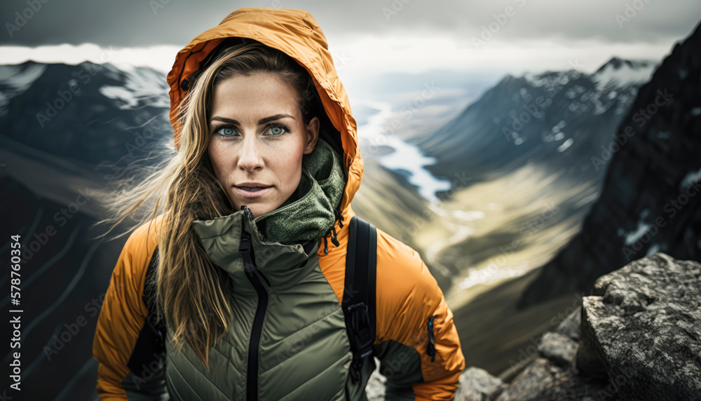 Female hiker bundled in warm clothing and backpacks trudge through a snowy mountain trail, their faces and hair whipped by strong gusts of icy wind