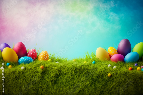 Colorful Easter eggs background. 3d Easter banner. Concept of Easter egg hunt or egg decorating art. Generative AI