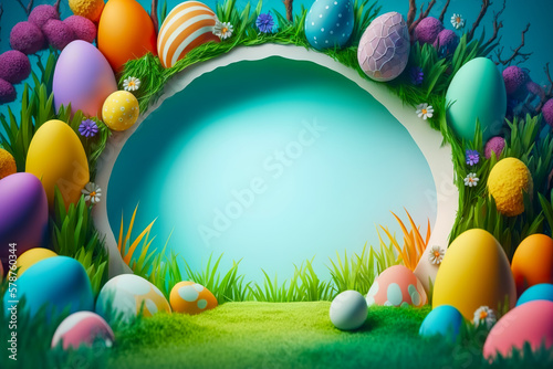 Colorful Easter eggs background. 3d Easter banner. Concept of Easter egg hunt or egg decorating art. Generative AI