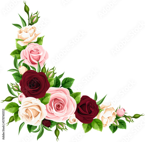 Corner border with pink, burgundy, and white rose flowers on a white background