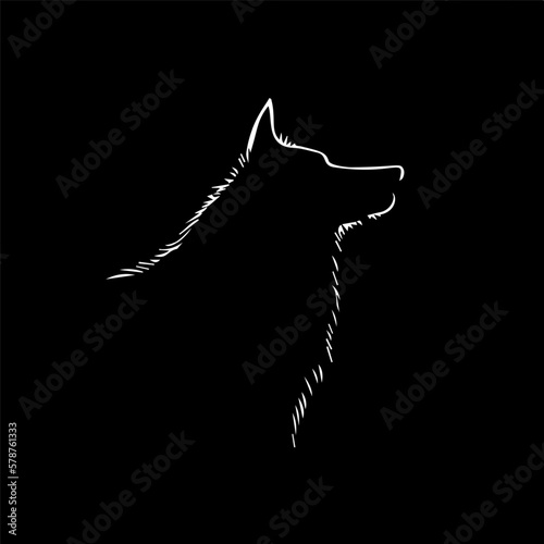 Minimalistic logo template, white icon of wolf silhouette on black background, modern logotype concept for business identity, t-shirts print, infographic pictogram Vector illustration