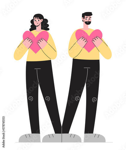 Romantic concept. People in love.  Love couple. Happy man and woman falling in love. They holding heart in your hand. Vector cartoon flat illustration. Isolated on white background.