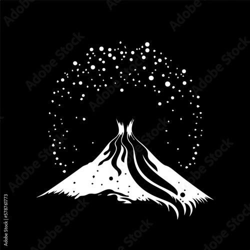 Minimalistic logo template, white icon of volcano eruption silhouette on black background, modern logotype concept for business identity, t-shirts print, infographic pictogram Vector illustration