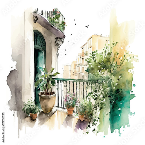 Houseplants on the balcony. Room full of plants, view through the window. Urban jungle concept Watercolor