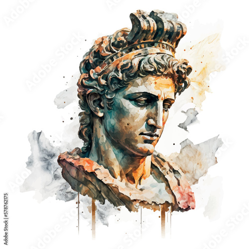 Contemporary art with antique statue head watercolor illustration. Work of art of the era of excitement. Hand drawing illustration Period of Renaissance. Sculpture of Michelangelo.