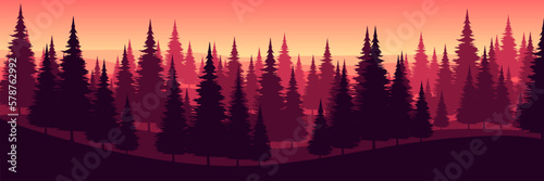landscape panoramic sunrise forest silhouette flat design vector illustraiton good for wallpaper, background, backdrop, banner, adventure, tourism, and travel