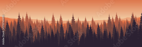 landscape panoramic sunrise forest silhouette flat design vector illustraiton good for wallpaper, background, backdrop, banner, adventure, tourism, and travel