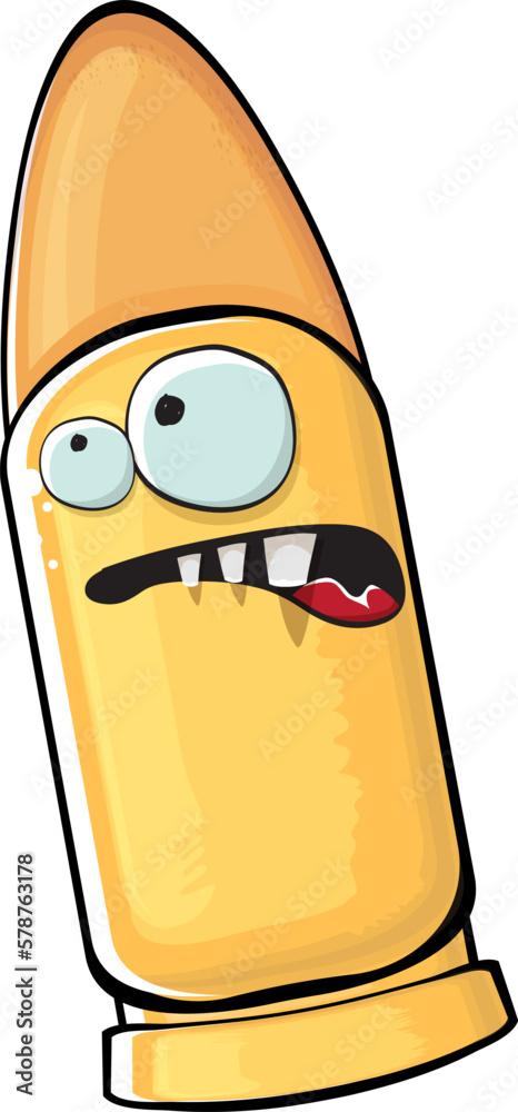 Bullet character. Cartoon funny orange bullet character isolated on white background. Funky bullet character with eyes and mouth. Vector gun shot clip art, emoji, label and sticker Bullet character. Cartoon funny orange bullet character isolated on white background. Funky bullet character with eyes and mouth. Vector gun shot clip art, emoji, label and sticker