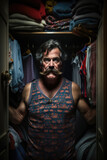 Funny adultery image of a busted retro gigolo with mustache in tank top shirt hiding from a cheated husband in his lover's closet wardrobe, generative AI