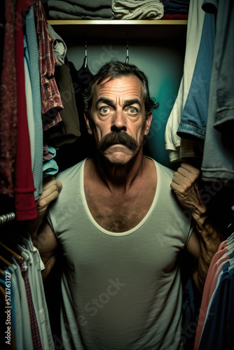 Funny adultery image of a middle-aged retro gigolo man with mustache in undershirt hiding from a cheated husband in his lover's closet wardrobe, generative AI