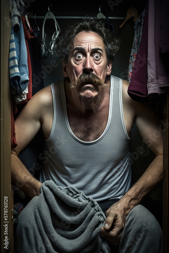 Funny adultery image of a frightened retro gigolo man with mustache in tank top shirt and underwear hiding from a cheated husband in his lover's closet wardrobe, generative AI