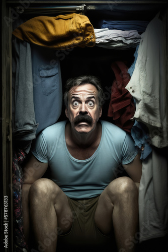 Funny adultery image of a frightened retro gigolo with mustache in underwear hiding from a cheated husband, sitting in his lover's closet wardrobe, generative AI