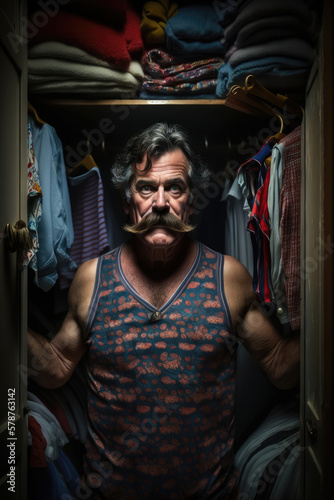 Funny adultery image of a busted retro gigolo with mustache in tank top shirt hiding from a cheated husband in his lover's closet wardrobe, generative AI