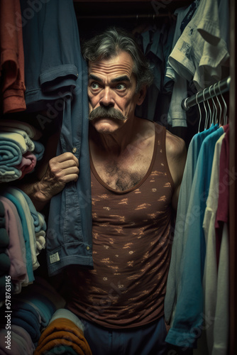 Funny adultery image of a scared retro gigolo with mustache in tank top shirt hiding from a cheated husband in his lover's closet wardrobe behind clothes, generative AI