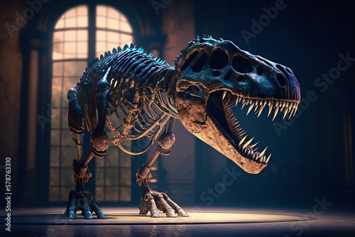 T-Rex Dinosaur skeleton displayed at a nighttime paleontology museum with volumetric lights, Generative AI © Michael