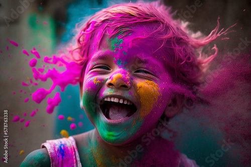 Holi festival, portrait of happy child. Colorful holi powder. Generative AI