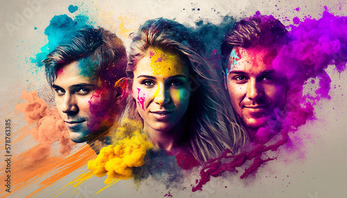 Group of people celebrating Holi holiday, folk festival of colors in Nepal and India.Generative AI.