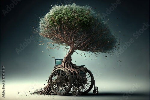 Deforestation concept: sick tree growing from the wheelchair photo