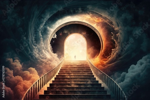 Ascending heavenly stairways  a blazing heavenly portal  Visual metaphor  Dramatic Tone  Heavenly stairway background illustration Staircase to achievement  metaphorically speaking. Generative AI