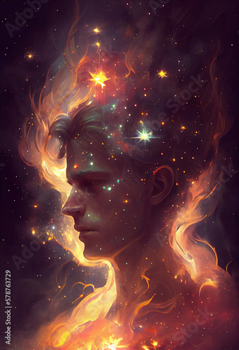 Silhouette of a man inside a fiery universe. AI generated