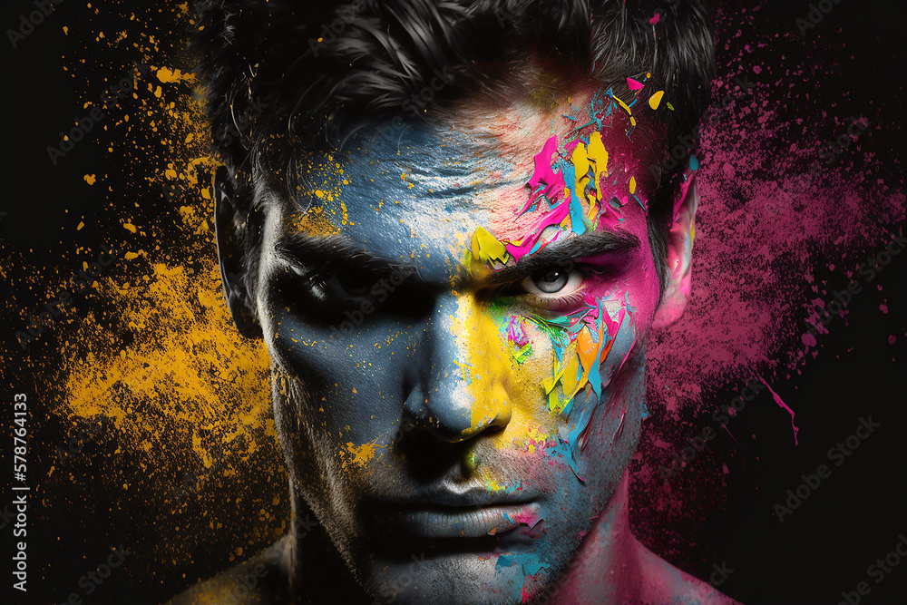 Close-up Of Man With Multi Colored Face Paint on dark background, generative ai Close-up Of Man With Multi Colored Face Paint on dark background, generative ai