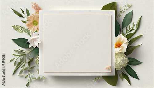 blank white paper invitation message with frame flower, Generate AI