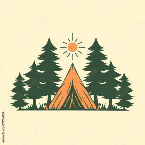 camping illustration in pine forest, outdoor vector and forest silhouette