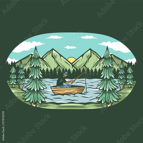 illustration fishing on a lake with a pine forest,outdoor design in vintage and retro style.good for clothing design