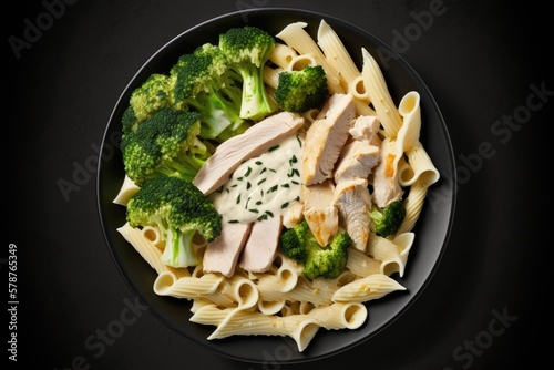 Penne Alfredo pasta, chicken, and broccoli, prepared from scratch, viewed from above. Overhead, from a flat angle. Generative AI